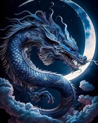 El Dragón Azul de la Luna  Pintura de tinta y pinceladas que evocan serenidad y misterio!